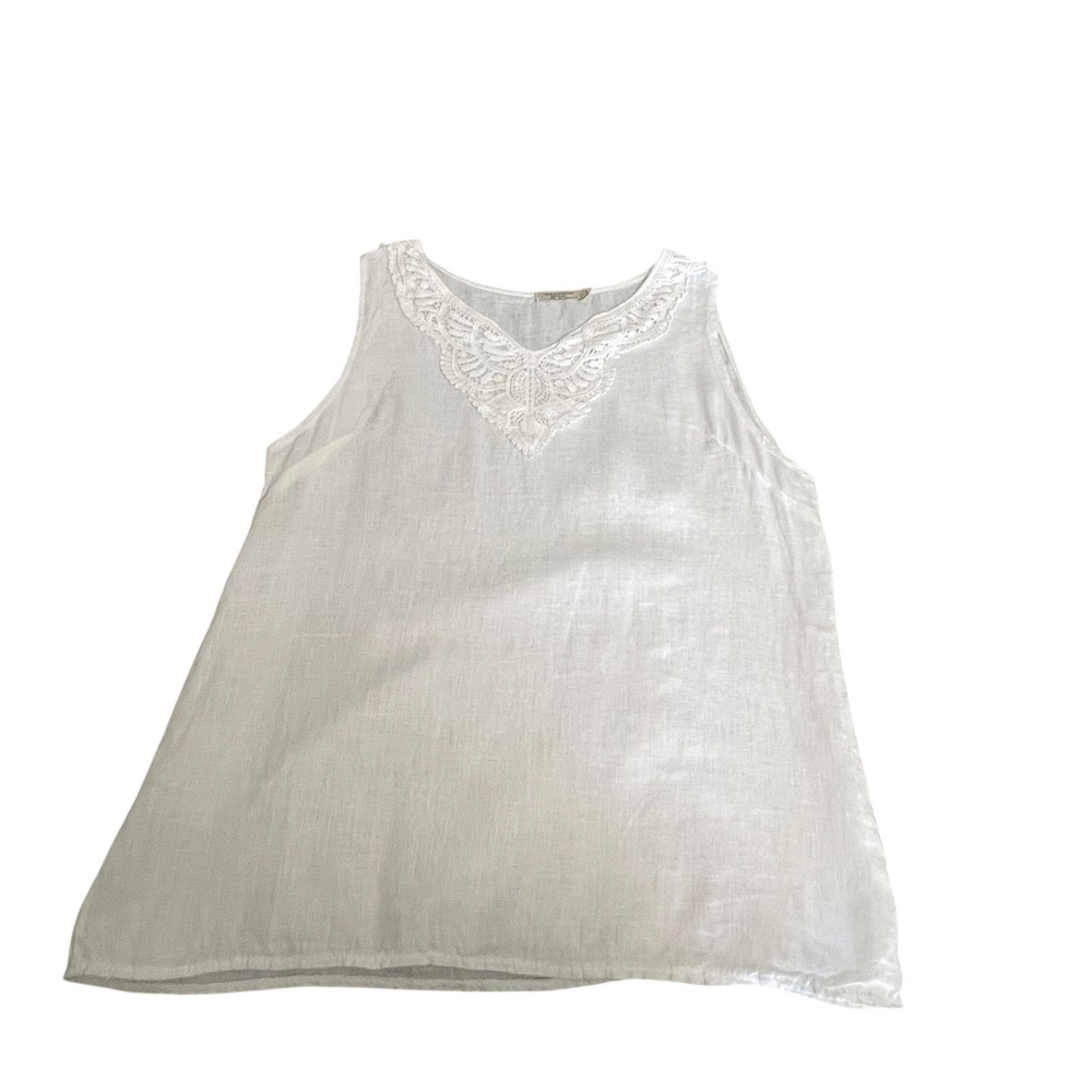 Viola Borghi Italy White 100% Linen Crochet Lace V-Neck Tank Top Boho Large